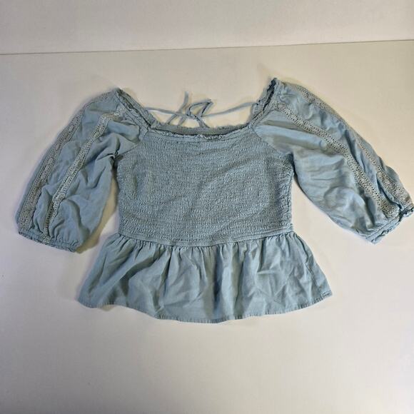 Japna Tops - Japna Light Blue Lace Accents Balloon Sleeve Peplum Blouse size Medium